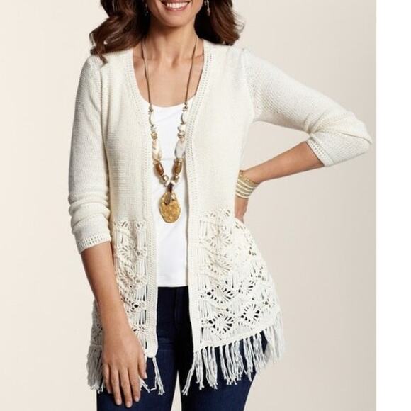 Chico's Mia Macrame Cardign Size 2 (Womens Large Cream Fringed Boho Sweater - Picture 1 of 8